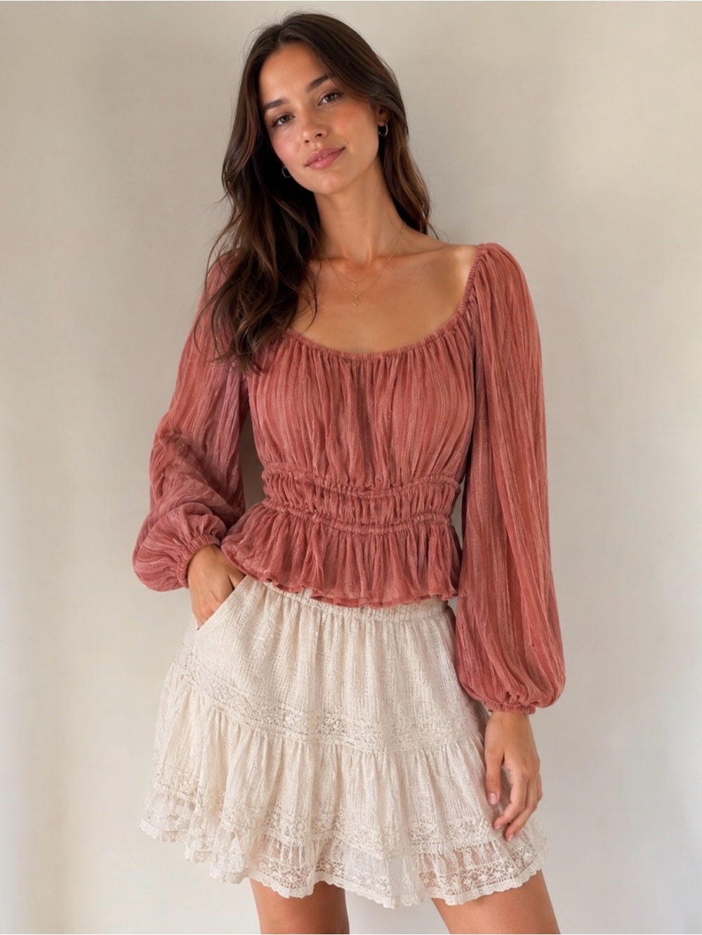 ASTR The Label Dusty Rose Smocked Pleated Crop Blouse Balloon Sleeve